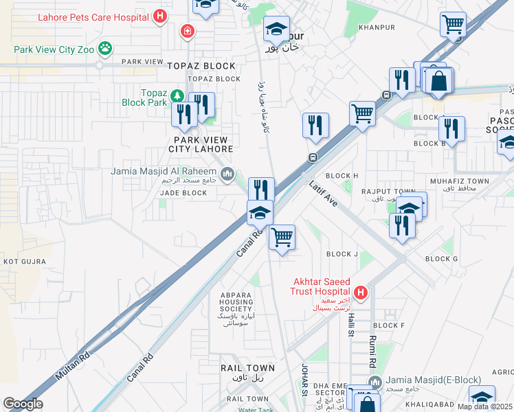 map of restaurants, bars, coffee shops, grocery stores, and more near Multan Road in Lahore