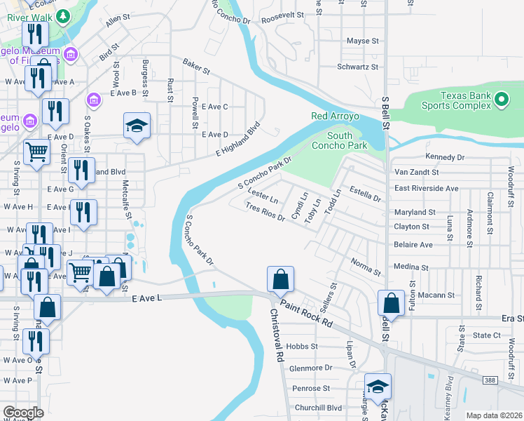map of restaurants, bars, coffee shops, grocery stores, and more near 1241 Tres Rios Drive in San Angelo