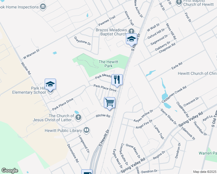 map of restaurants, bars, coffee shops, grocery stores, and more near 900 Park View in Hewitt