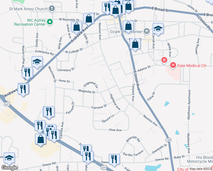 map of restaurants, bars, coffee shops, grocery stores, and more near 300-320 Magnolia Street in Ozark