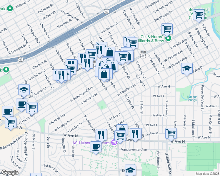 map of restaurants, bars, coffee shops, grocery stores, and more near 2200-2298 W Twohig Ave in San Angelo