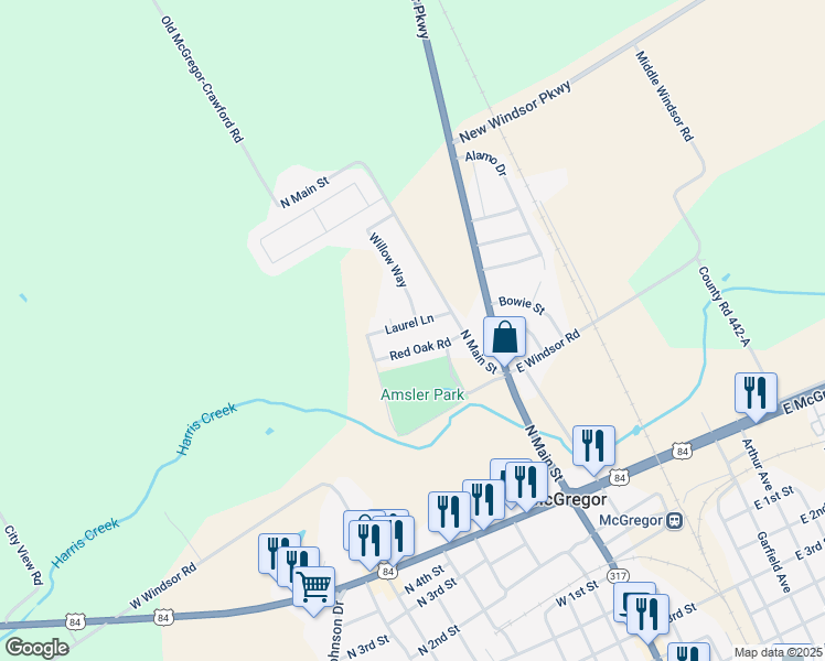 map of restaurants, bars, coffee shops, grocery stores, and more near 116 Red Oak Road in McGregor