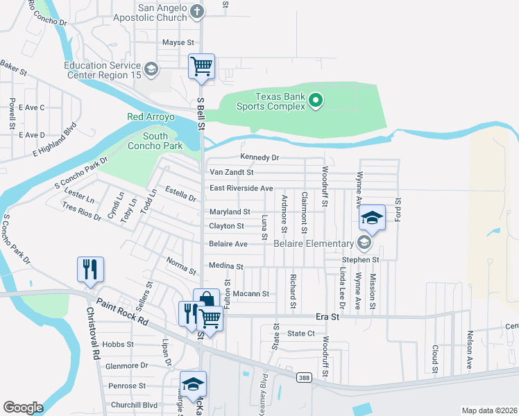 map of restaurants, bars, coffee shops, grocery stores, and more near 132 Clayton Street in San Angelo