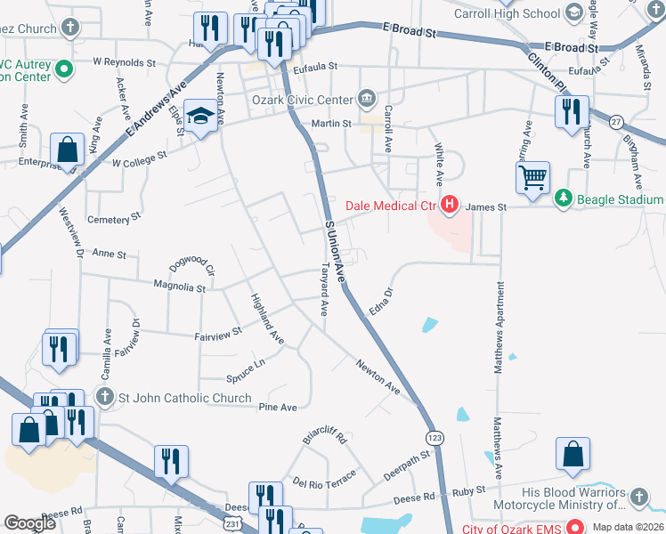 map of restaurants, bars, coffee shops, grocery stores, and more near Morningview Lane in Ozark