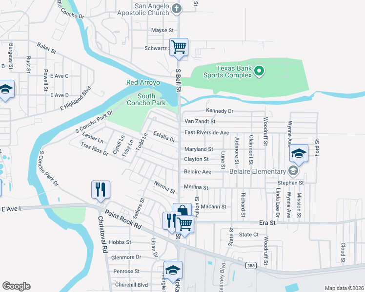 map of restaurants, bars, coffee shops, grocery stores, and more near 102 Maryland Street in San Angelo