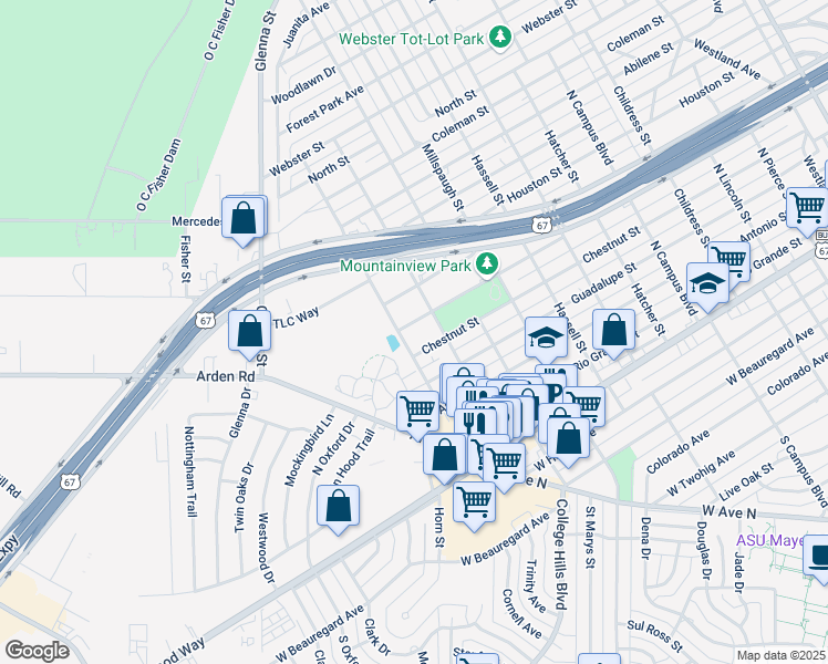 map of restaurants, bars, coffee shops, grocery stores, and more near 3201-3299 Chestnut Street in San Angelo