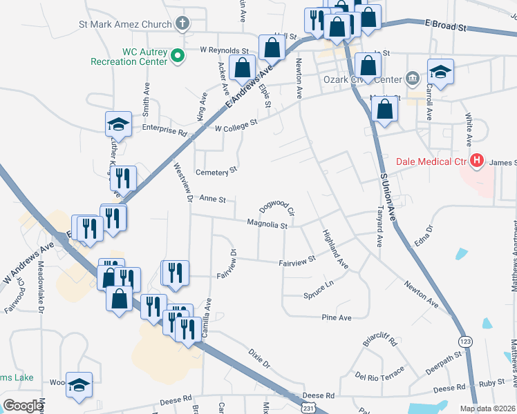 map of restaurants, bars, coffee shops, grocery stores, and more near 215 Dogwood Circle in Ozark