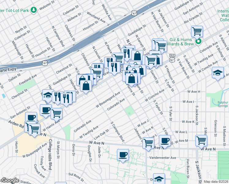 map of restaurants, bars, coffee shops, grocery stores, and more near 2420 West Beauregard Avenue in San Angelo