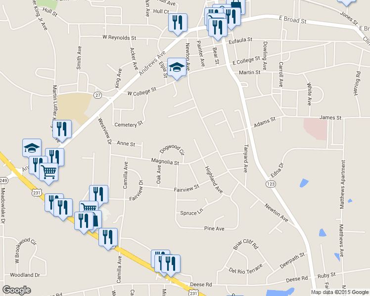 map of restaurants, bars, coffee shops, grocery stores, and more near 172 Dogwood Circle in Ozark