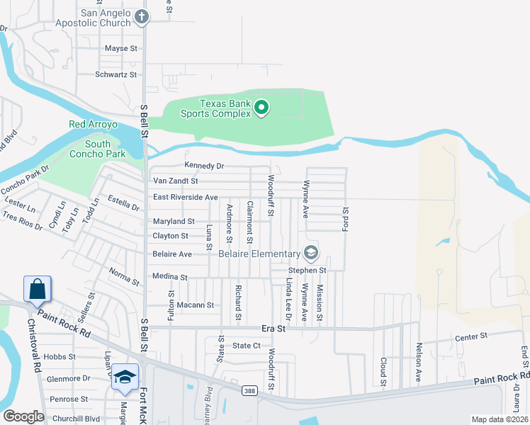 map of restaurants, bars, coffee shops, grocery stores, and more near 601-699 East Riverside Avenue in San Angelo