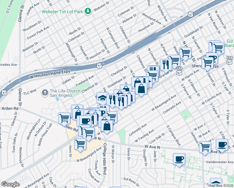map of restaurants, bars, coffee shops, grocery stores, and more near 2722-2726 San Antonio Street in San Angelo