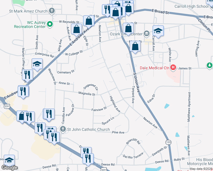 map of restaurants, bars, coffee shops, grocery stores, and more near 454 Highland Avenue in Ozark