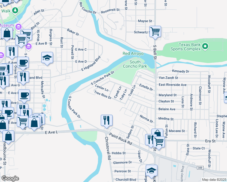 map of restaurants, bars, coffee shops, grocery stores, and more near 1126 Nicole Lane in San Angelo