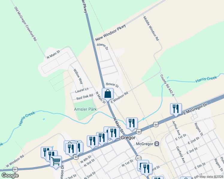 map of restaurants, bars, coffee shops, grocery stores, and more near 116 Austin Street in McGregor