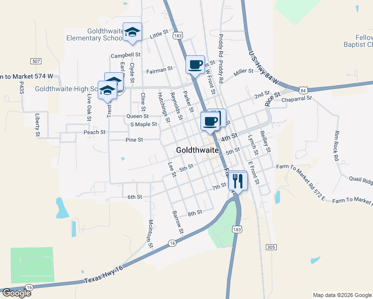 map of restaurants, bars, coffee shops, grocery stores, and more near 1212 4th Street in Goldthwaite