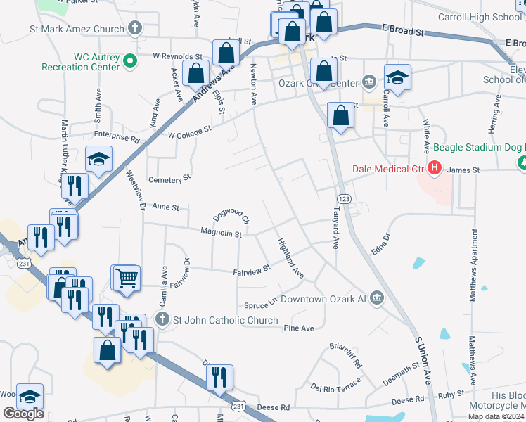 map of restaurants, bars, coffee shops, grocery stores, and more near 455 Highland Avenue in Ozark