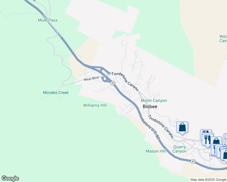 map of restaurants, bars, coffee shops, grocery stores, and more near Simms Road in Bisbee