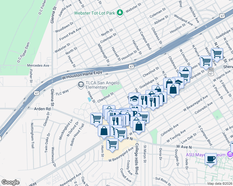 map of restaurants, bars, coffee shops, grocery stores, and more near 3001-3099 Chestnut Street in San Angelo
