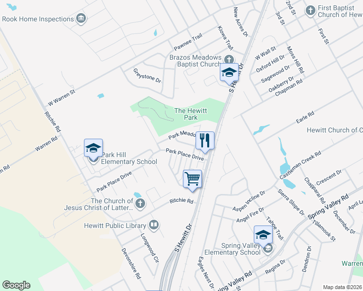 map of restaurants, bars, coffee shops, grocery stores, and more near 602 Park Ridge Road in Hewitt