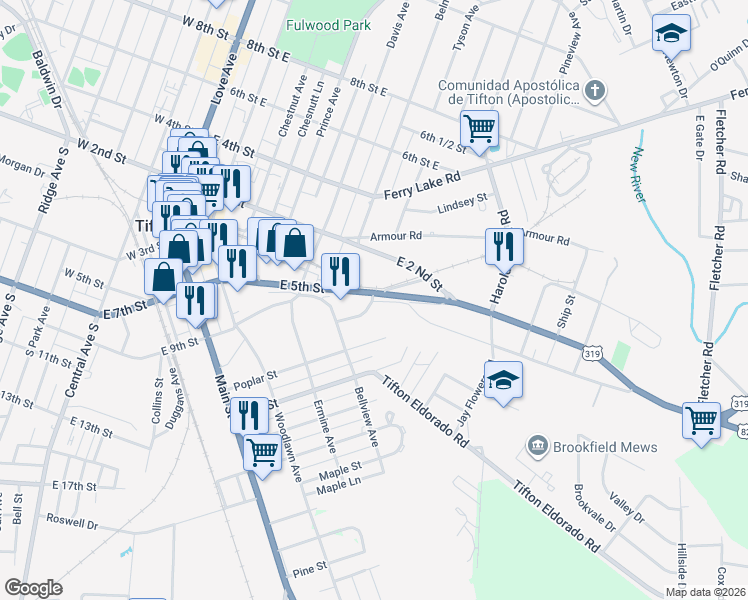 map of restaurants, bars, coffee shops, grocery stores, and more near Horn Road in Tifton