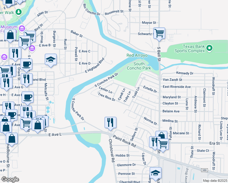 map of restaurants, bars, coffee shops, grocery stores, and more near 1121 Nicole Lane in San Angelo