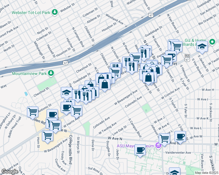 map of restaurants, bars, coffee shops, grocery stores, and more near 2500 Sherwood Way in San Angelo