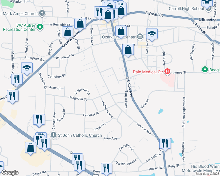 map of restaurants, bars, coffee shops, grocery stores, and more near 677 Newton Avenue in Ozark