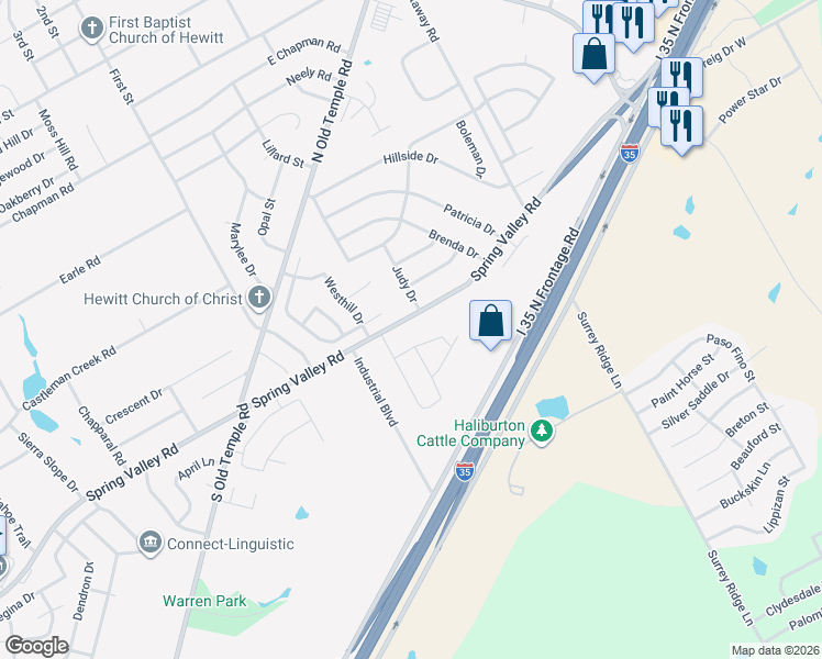 map of restaurants, bars, coffee shops, grocery stores, and more near 417 East Spring Valley Road in Hewitt