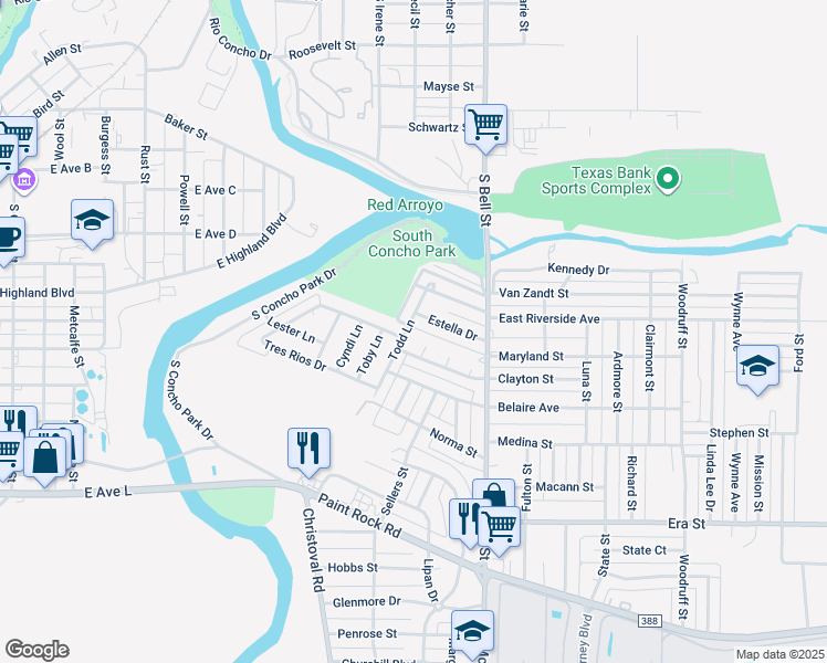 map of restaurants, bars, coffee shops, grocery stores, and more near 1022 Todd Lane in San Angelo