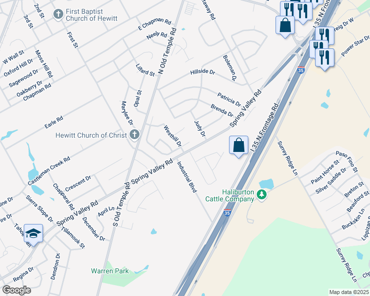 map of restaurants, bars, coffee shops, grocery stores, and more near 301 Cross Country Drive in Hewitt