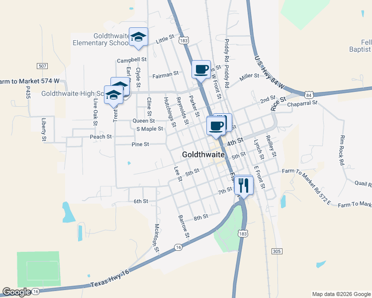 map of restaurants, bars, coffee shops, grocery stores, and more near 1212 4th Street in Goldthwaite