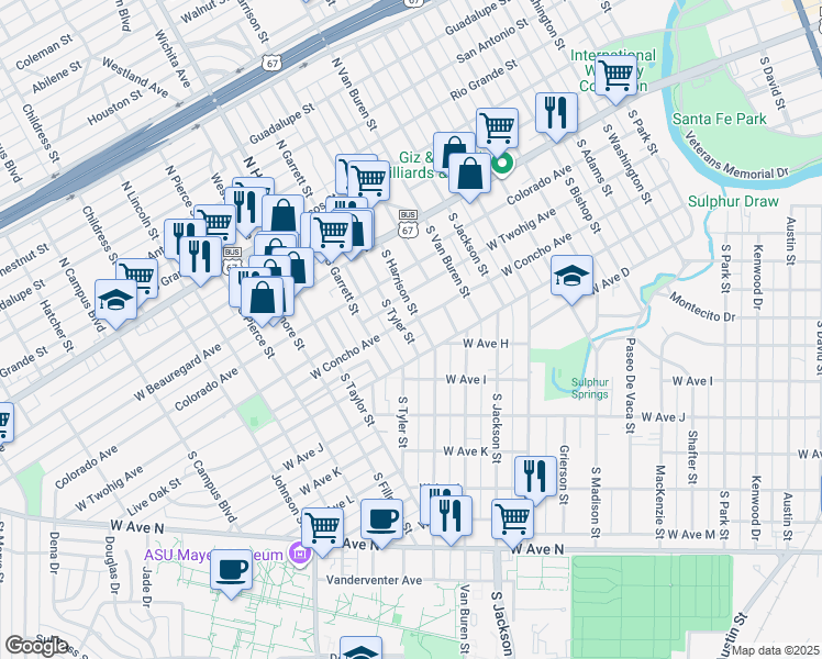 map of restaurants, bars, coffee shops, grocery stores, and more near 1907 West Concho Avenue in San Angelo