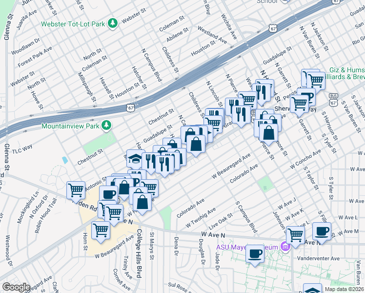 map of restaurants, bars, coffee shops, grocery stores, and more near 2626 Rio Grande Street in San Angelo