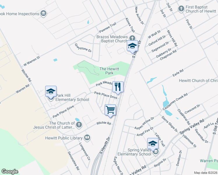 map of restaurants, bars, coffee shops, grocery stores, and more near 733 Park Meadows Drive in Hewitt