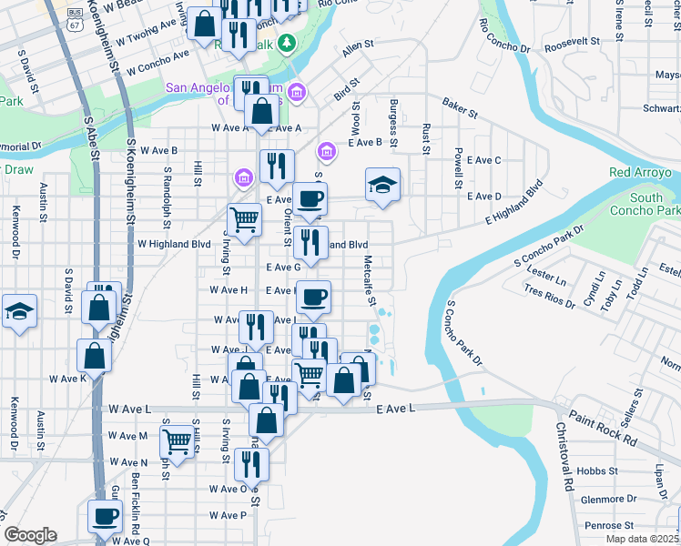 map of restaurants, bars, coffee shops, grocery stores, and more near 149 East Avenue G in San Angelo