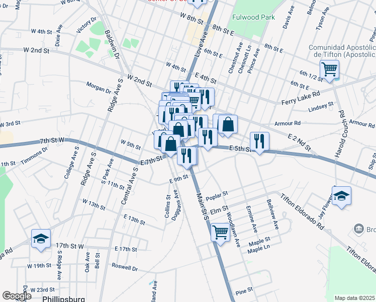 map of restaurants, bars, coffee shops, grocery stores, and more near in Tifton