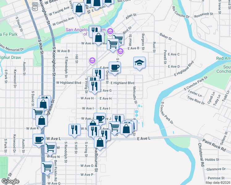 map of restaurants, bars, coffee shops, grocery stores, and more near 99 East Ave G in San Angelo