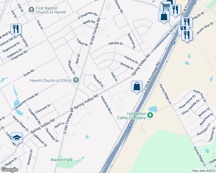 map of restaurants, bars, coffee shops, grocery stores, and more near 301 Cross Country Drive in Hewitt