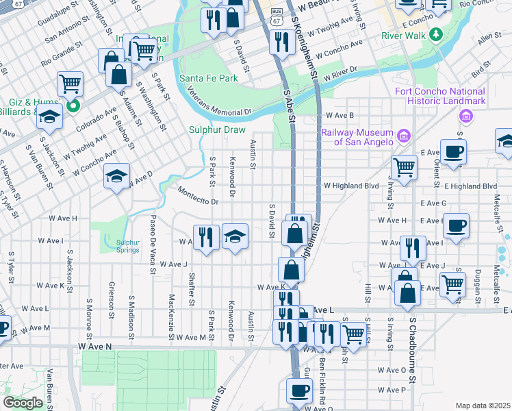 map of restaurants, bars, coffee shops, grocery stores, and more near 1104 Austin Street in San Angelo