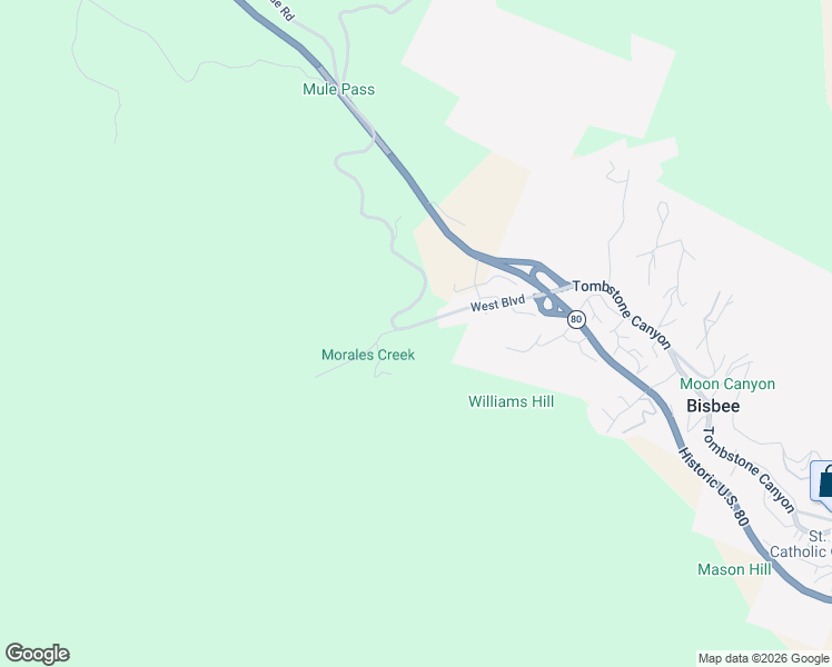 map of restaurants, bars, coffee shops, grocery stores, and more near 1697 Tombstone Canyon in Bisbee