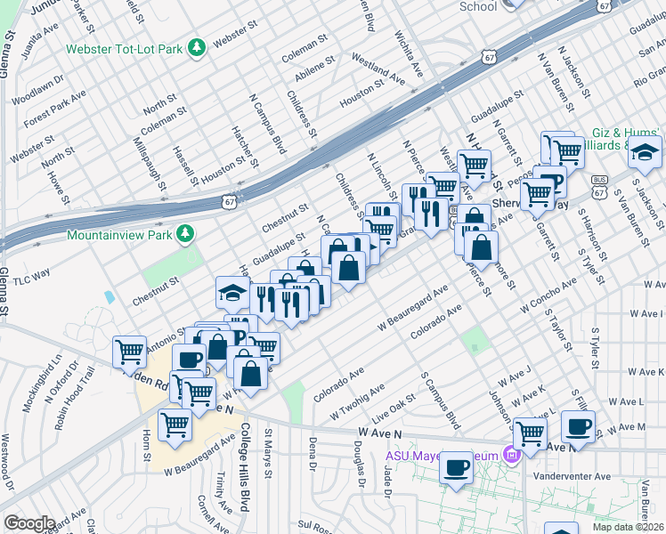map of restaurants, bars, coffee shops, grocery stores, and more near 2626 Rio Grande Street in San Angelo