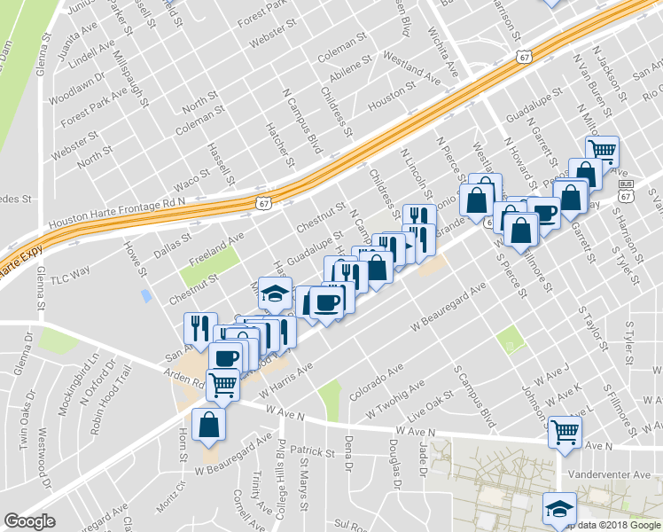map of restaurants, bars, coffee shops, grocery stores, and more near 2722 San Antonio Street in San Angelo