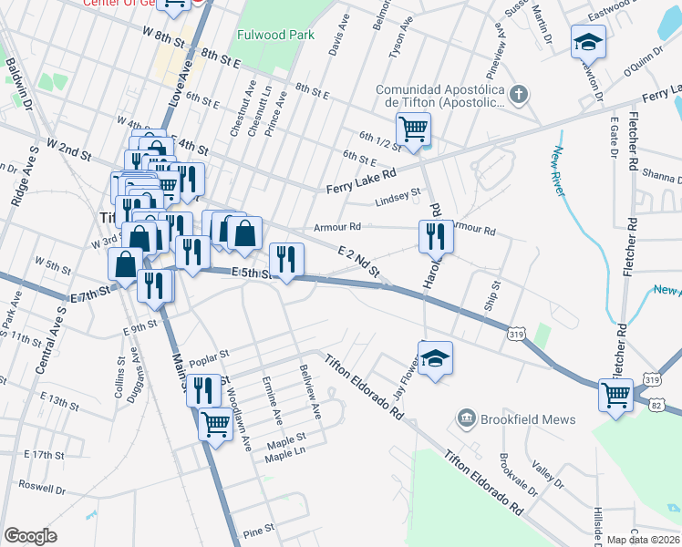 map of restaurants, bars, coffee shops, grocery stores, and more near Horn Road in Tifton