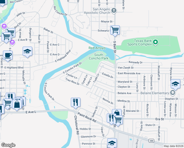 map of restaurants, bars, coffee shops, grocery stores, and more near 1430-1438 Tres Rios Drive in San Angelo