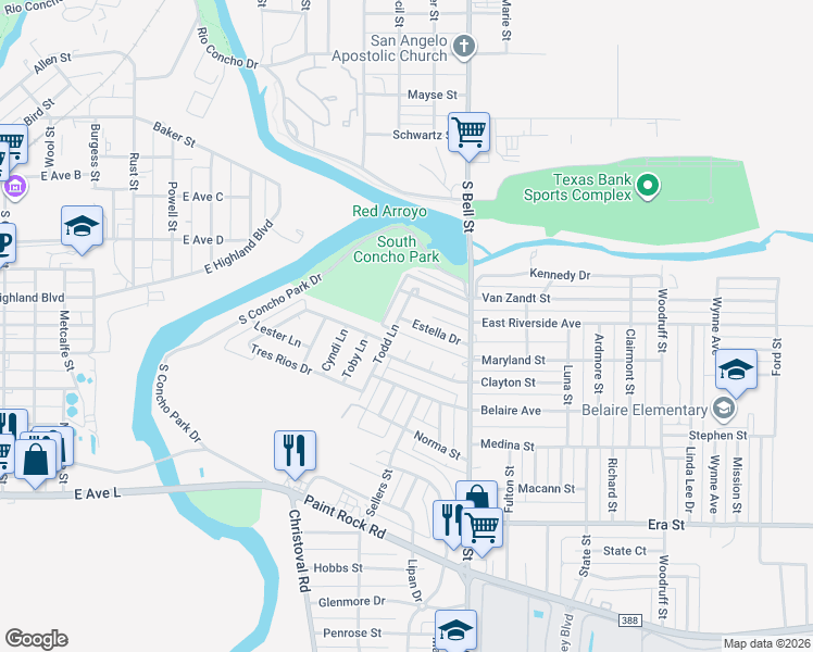 map of restaurants, bars, coffee shops, grocery stores, and more near 1022 Todd Lane in San Angelo