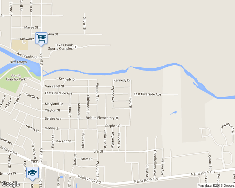 map of restaurants, bars, coffee shops, grocery stores, and more near 825 East Riverside Avenue in San Angelo