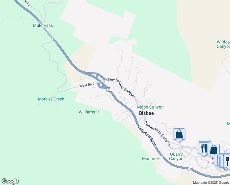 map of restaurants, bars, coffee shops, grocery stores, and more near Simms Road in Bisbee