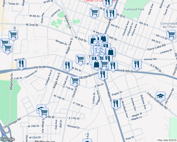 map of restaurants, bars, coffee shops, grocery stores, and more near 501 W 5th St in Tifton