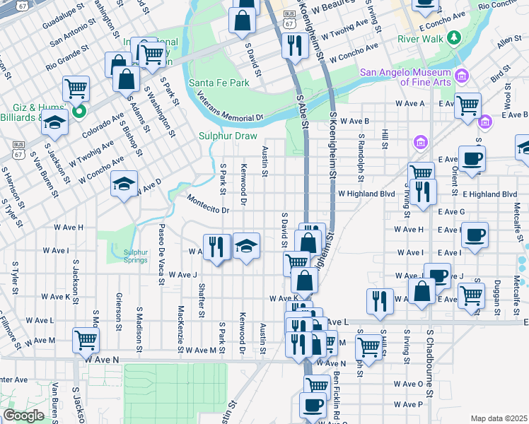 map of restaurants, bars, coffee shops, grocery stores, and more near 1108 Austin Street in San Angelo