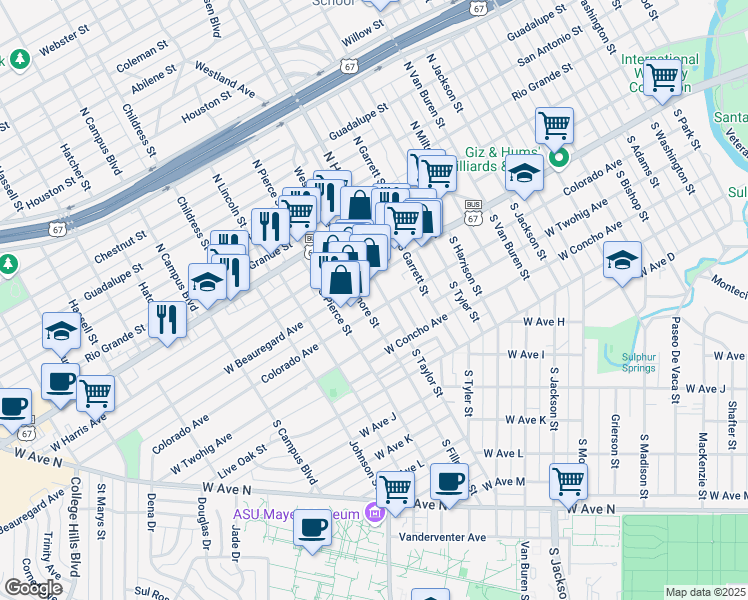 map of restaurants, bars, coffee shops, grocery stores, and more near 100-198 S Fillmore St in San Angelo